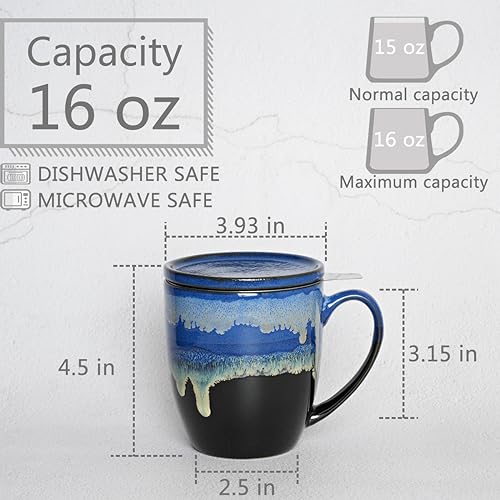 Bosmarlin Ceramic Tea Cup with Infuser and Lid, 16 Oz, 4 Color to Choose Dishwasher and Microwave Safe, Steeping Tea Mug with Strainer (Blue) - color: Blue
