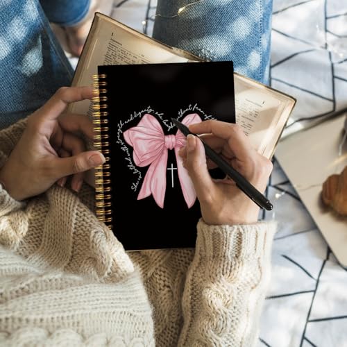 Bible Journal for Women Girls, Pink Bow Christian Girl Energy Journal, Christian Gifts Prayer Journal for Woman, Cute Gifts Preppy Cute Notebook, Pink Bow Coquette Stuff Notebook 5.5x8.3 - color: Pink Bow - Proverbs 31:25 - Pink Bow
