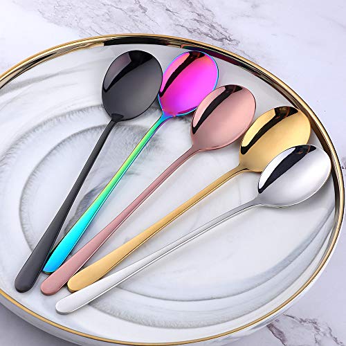 Buyer Star 5-pieces 5 Color Dinner Table Spoons 8-Inch Stainless Steel Metal Korean Soup Spoons - color: 5 color-A