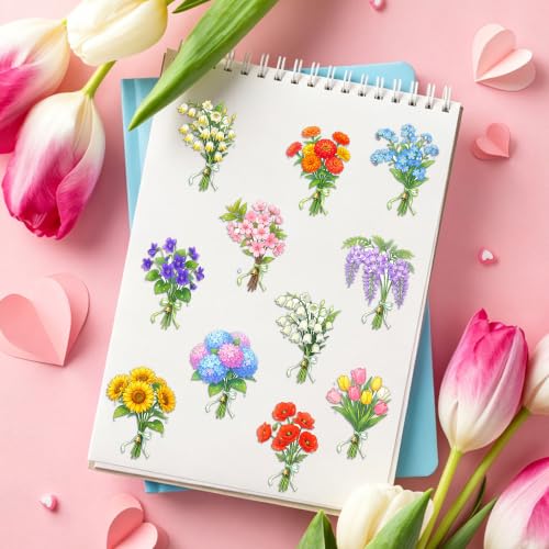 50Pcs Flower Stickers, Roses Tulips Lavender Floral Bouquet Decals, Flower Vinyl Waterproof Stickers for Water Bottle Laptop Scrapbook Journal Phone Decor Party Favors DIY Crafts Birthday Gifts - color: Bouquet