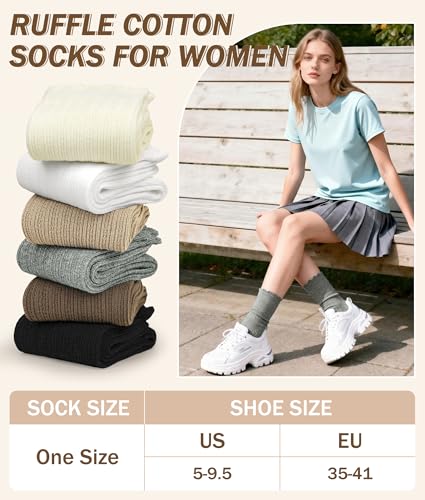Justay 6 Pairs Ruffle Socks Women, Crew Cotton Frilly Boot Socks - color: Black Brown Coffee White Beige Grey
