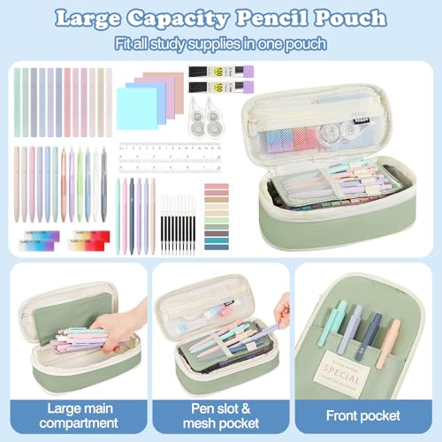 MoKo Pencil Case with Supplies, 56Pcs Aesthetic School Set, Green - color: Green-56P