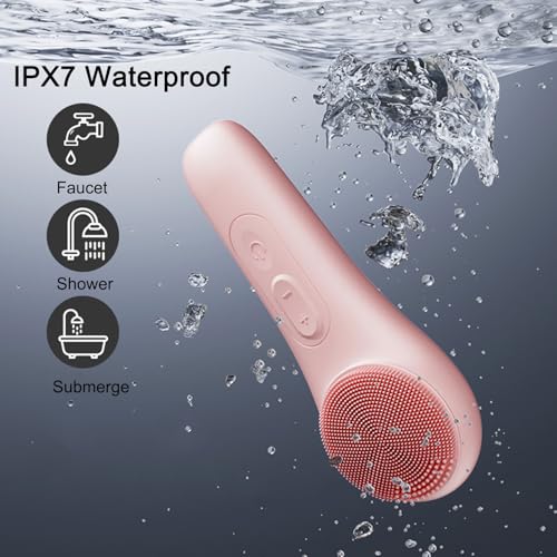 Silicone Facial Cleansing Brush，500mAh Rechargeable Face Scrubber，IPX7 Waterproof Electric Face Scrubber with 5 Adjustable Levels,for Deep Cleaning,Exfoliating & Massaging (Pink) - color: Pink