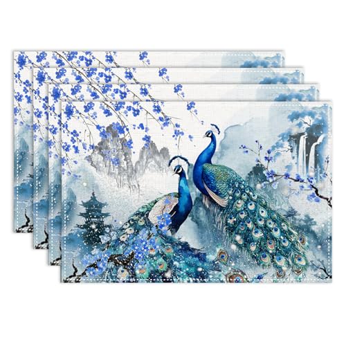 Japanese Peacock Blue Floral Placemats Set of 4, 12x18 Inch - color: Floral Bird03, size: 4pcs