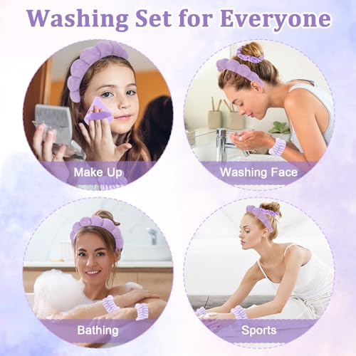 7Pc Puffy Spa Headband and Wristband Set for Washing Face, Skincare With Scrunchies, Powder Puffs, Sponge, Makeup Removal - Terry Cloth for Mask - Purple - color: Purple