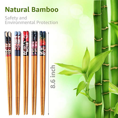 5-Pair Bamboo Chopsticks Set with 5 Ceramic Lucky Cat Rests, Gift Set