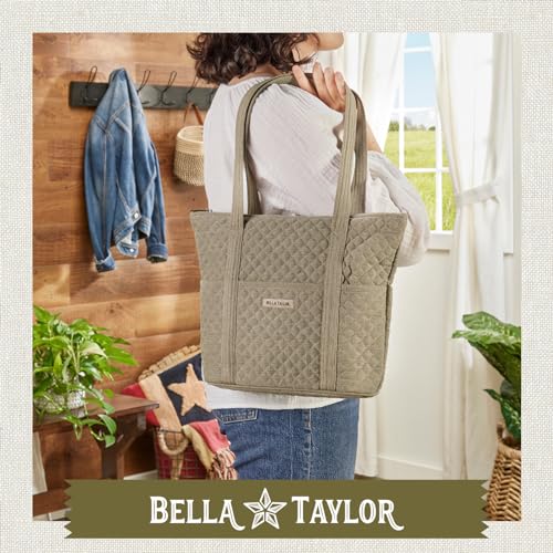 Bella Taylor Stride Tote, Quilted Shoulder Bag for Women - color: Khaki Chambray