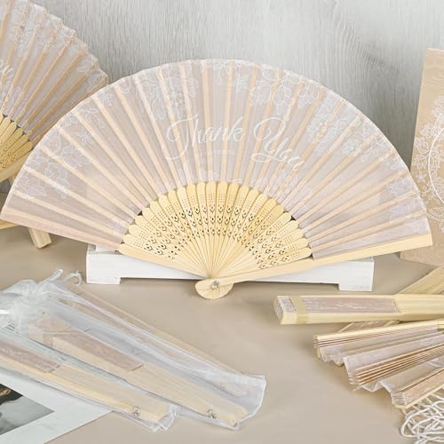 Aneco 30 Sets White Lace Wedding Folding Fans, Bamboo Handheld Folding Fans with Organza Bags Table Sign, Thank You Vintage Silk Handheld Fan for Bridal Shower Wedding Party Decorations - color: White Lace
