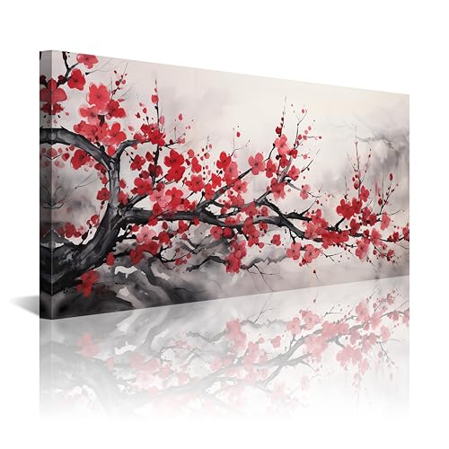 NAN Wind Asian Wall Art Traditional Chinese Decor Oriental Red Cherry Plum Blossom Canvas Pictures for Wall Decor for Living Room Landscape Artwork Framed Ready to Hang - color: Red-One Piece-1, size: 24x12 inches (1 piece)
