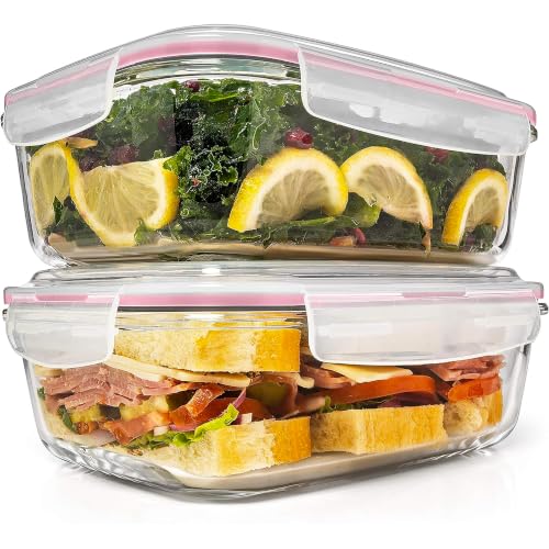 Razab 6.5 Cups / 52 Oz 4 Piece (2 Containers + 2 Lids) Glass Food Storage Containers Set with Airtight Locking Lids - For Storing, Baking & Serving BPA Free, Leakproof - Microwave, Freezer & Oven Safe - color: Pink