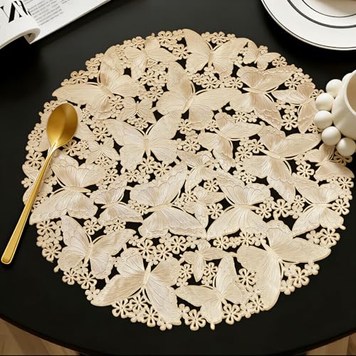 Quantum Love Round Placemats Set of 6 Vinyl Washable Easy Clean 15 Inch Gold Butterfly Place Mats for Kitchen, Dining, Party, Restaurant Table Decor - color: Gold Butterfly