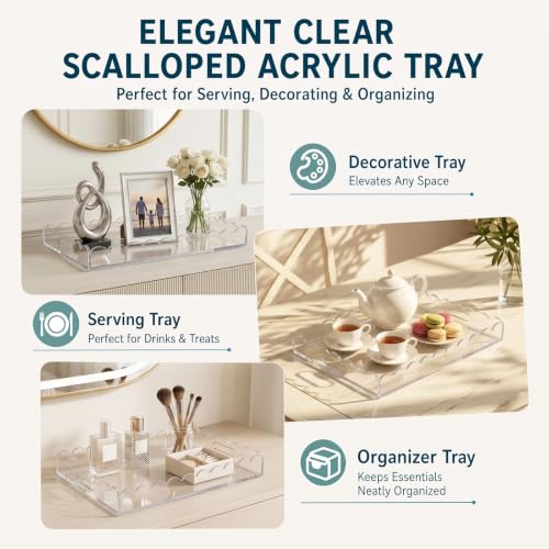 17 x 12 Inch Scalloped Clear Acrylic Serving Tray with Handles - size: 16.5" x 12" x 2"