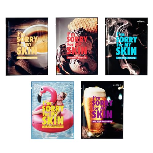 I'M SORRY FOR MY SKIN Jelly Mask Full Set for Skin Stress Relief, Korean Skin Care Travel Essentials Kit, K-Beauty Hydrating Face Mask Sheets, Gifts for Women (Pack of 5) - color: Pack of 5