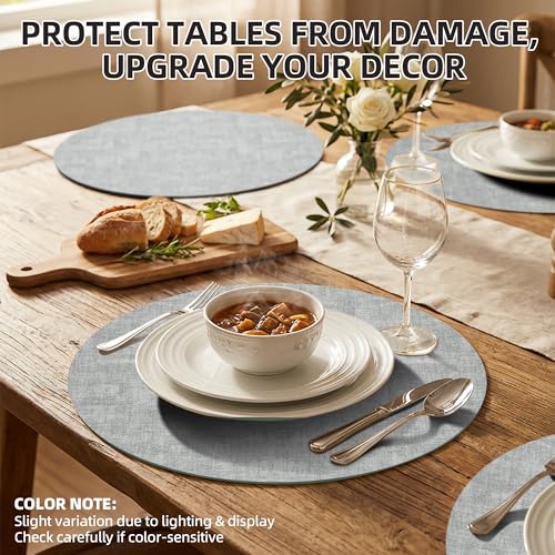 Placemats Set of 6, 15 Inch Round Faux Leather Place Mats - color: R-light Gray