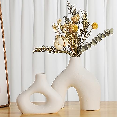 CEMABT White Ceramic Vase Set of 2 for Modern Minimalist Bohemian Decor，Round Matte Donut Vases for Pampas Grass-Perfect for Living Room, Dining Table, Office Bedroom Shelf Decor Entryway, Console - color: White