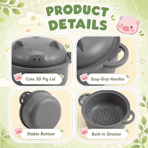 1 Set Large 45oz Cute Pig Ramen Bowl Set Microwavable, Gray - color: Gray