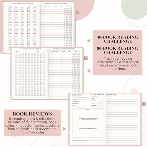 AKONEGE Reading Journal for Book Tracking - PU Leather Book Journal Reading Log with 80 Reviews for Readers, Accessories with Sticky Tabs, Pen Holder, Ribbon Bookmarks, 5.6" x 8.3", Pink - color: Pink