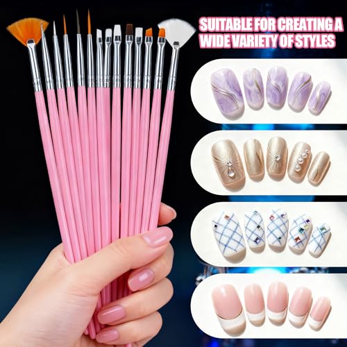 Artdone Nail Art Brushes With Nail Stands Nail Art Tool Set, Dotting Tools, Dust Brush,Striping Brushes for Long Lines, Drawing Pen For Gel Polish Design supply - color: Nail Brushes And Stand Kit A