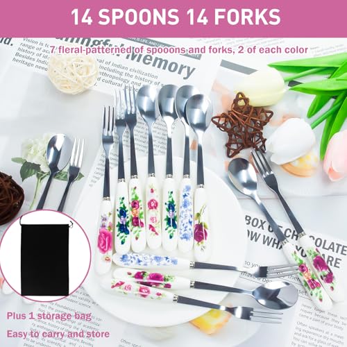 28 Pcs Dessert Forks and Spoons Silverware Set with Ceramic Handle