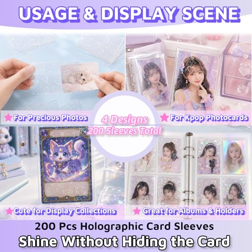 200 Pcs Holographic Card Sleeves 65x91mm, Clear Kpop Photocard Sleeves, Laser Flashing Trading Card Protectors for Photo Cards, TCG, Sports Cards and Collectible Cards, 4 Designs