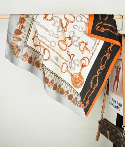 corciova Women’s Square Scarf 27.5 in (70 x 70 cm), Satin-Feel Polyester, Lightweight Fashion Scarf for Hair, Neck and Bag - color: Equestrian Horse Bit Chain (Orange Black Grey Off White)