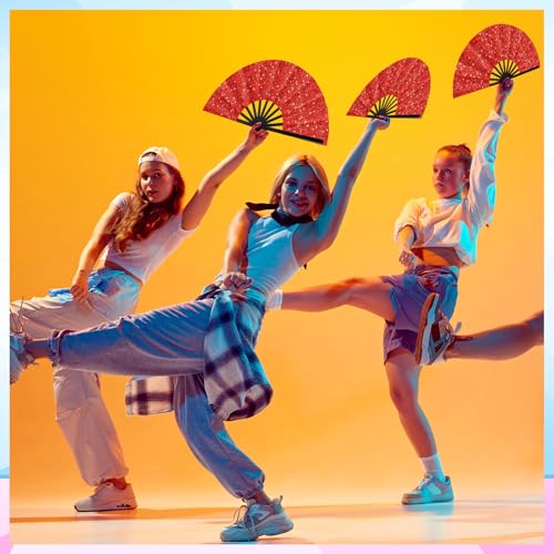 Maitys 2 Pack Foldable Fans for Rave Dancing,Red,Glitter Pattern - color: Red, style: Glitter Pattern