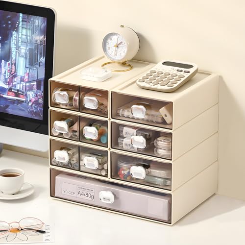 Desktop Storage Drawers, Stackable Countertop Organizer with Drawers - color: 1 Middle & 2 Small Drawers, Cream