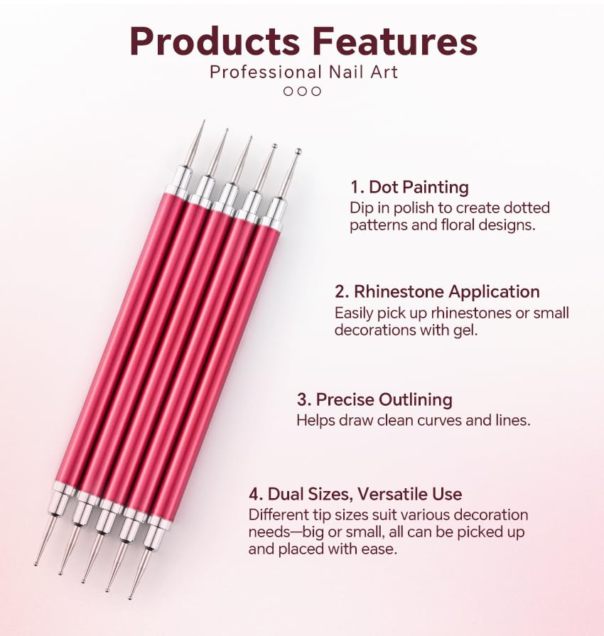 5Pcs Nail Art Dotting Tool Set Double-Ended Dotting Stylus Pens - color: Red