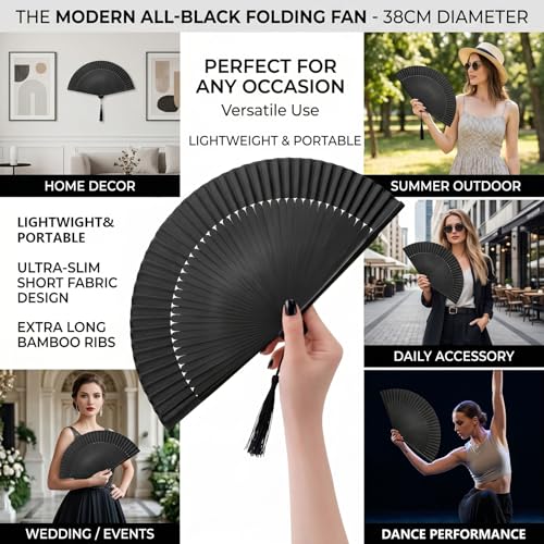 Japanese Folding Hand Fan for Women - Bamboo Silk Handheld Foldable Fan with Tassel & Pouch for Hot Flashes, Rave, Church, Gift,Wedding - Whisper-Quiet, Purse Size (Black) - color: Black