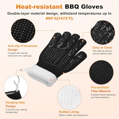 M METERXITY 1-Pair BBQ Gloves, 1472°F Heat Resistant Non-Slip Grilling Oven Gloves for Barbecue/Baking/Cooking, with Storage Bag [Flame Pattern L, Black] - color: Black