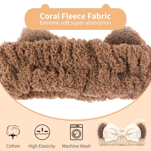 PERFECTSIGHT Kawaii Headband for Spa, Makeup, Washing Face, Party - 2 Pack Cute Cat Ear Hair Band for Shower Beauty Skincare, Soft Facial Headbands for Girls and Women (Beige+Coffee Bow) - color: Beige+Coffee Bow