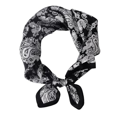 Women 100% Mulberry Silk Neck Scarf 21" Square Floral Neckerchief - color: Black White Paisley