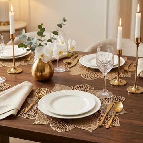 Gold Round Placemats for Dining Table Set of 6 Pressed Vinyl Metallic - color: A5/Hibiscus/Gold