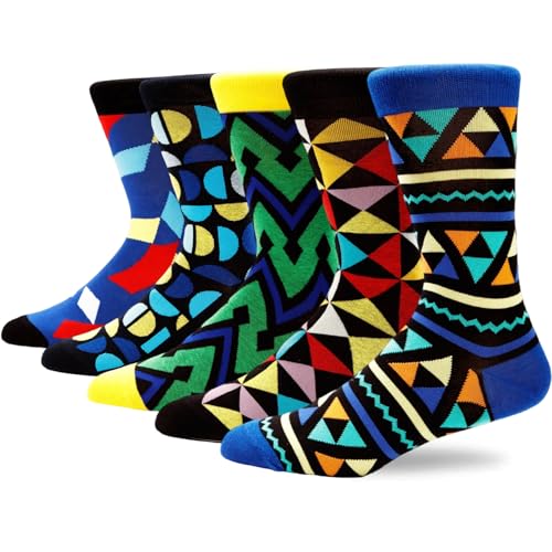 Colorful Funny Novelty Dress Socks for Men Women Teens Fathers Day Casual Fun Crazy Funky Graphic Crew Socks - color: -5 Pairs - Aa Geometric Style - Striped Semicircle Triangle Diamond V-shape Pattern Socks, size: 6-12