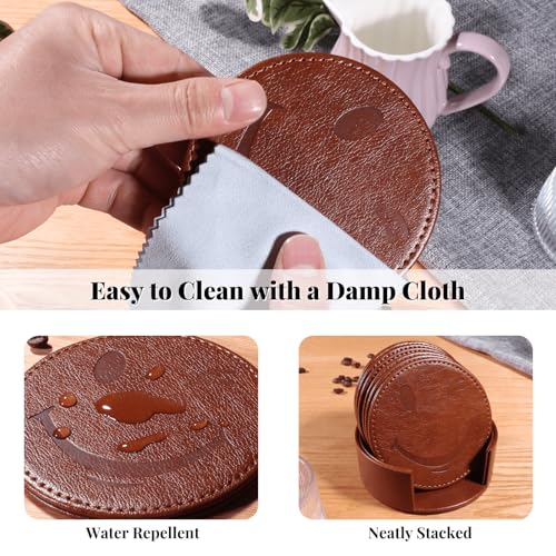 Coasters for Drinks Set of 6 with Holder, 6-Piece Leather Coasters with Embossed Smiley Designs - Durable Drink Coasters Set for Home, Bar, or Office - Brown - color: Brown