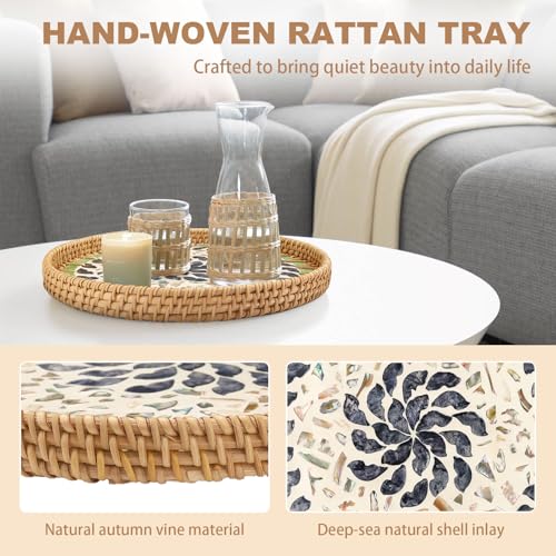 11.8" Decorative Round Rattan Tray with Mother of Pearl, Hand-Woven Wicker Serving Tray, Boho Rattan Basket Platter for Fruit Bread Coffee Counter Dessert Kitchen - color: Trumpet