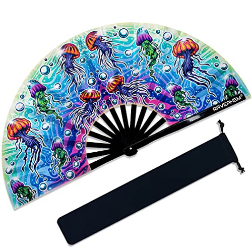 13" Large Rave Fan Bamboo, Folding Clack Hand Fans Foldable for Men Women, Poping Fan for EDM Festival Line Dance Decoration, (Jellyfish, Large 13") - color: Jellyfish, size: Large 13"