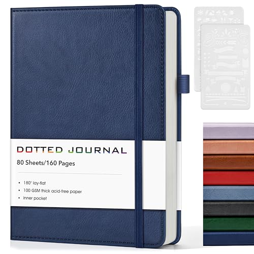 Dotted Journal Notebook, A5 Leather Hardcover, 160 Pages, 180° Lay-Flat Binding, 100 GSM Thick Paper, Dot Grid for Bullet Journaling, Planning & Daily Organization (Navy) - color: Navy, size: Dotted