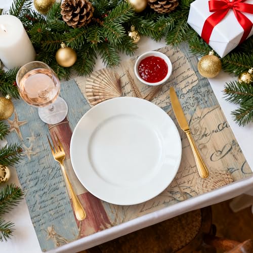 Beach Lighthouse Table Placemats Set of 4 Place Mats Linen Wipeable Placemats Waterproof Rectangle Table Mat for Kitchen Dining Dinner 18 X 12 Inch - color: Beach Lighthouse