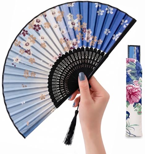 Japanese Folding Hand Fan for Women - Bamboo Silk Handheld Fan with Tassel & Pouch for Hot Flashes, Rave, Church, Gift,Wedding - Whisper-Quiet, Purse Size (Skura-Blue) - color: Skura-blue