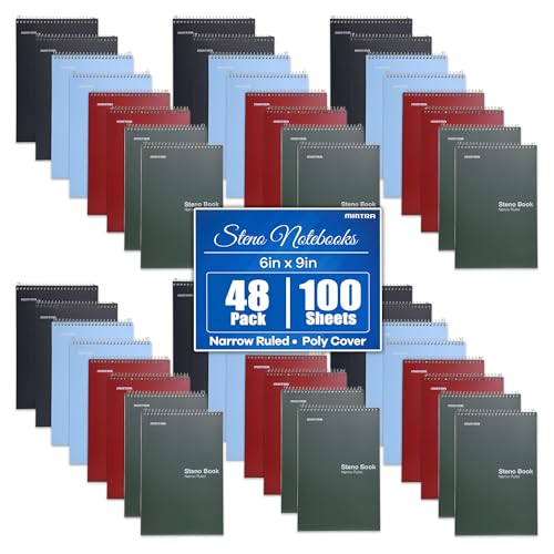 Mintra Office Steno Books Set - Top-Spiral Bound, Narrow Ruled, Poly Covered Notebooks for Office, School & Work, Note-taking, Colorful Arctic Ice, Green Olive, Charcoal, Chili Oil, 6"x9", 48 Pack - color: Poly Steno 8pk (Arctic Ice, Green Olive, Charcoal