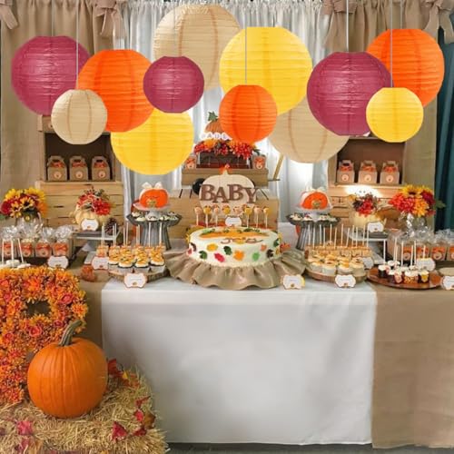 Burgundy Maroon Wine Paper Lanterns Decorative 12pcs Party Hanging Decorations for Rustic Fall Party Bridal Shower Wedding Baby Shower Graduation Anniversary Room Decor - color: Maroon,orange,yellow,brown
