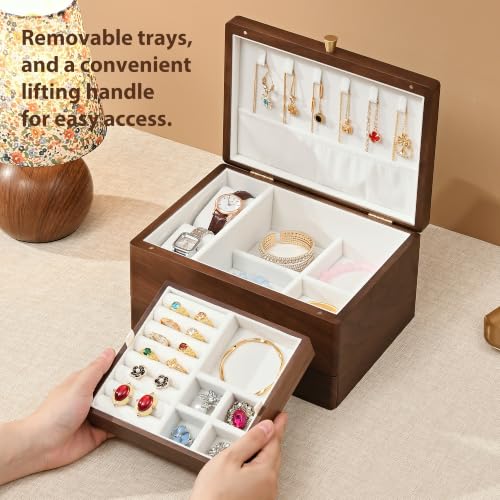 Black Walnut Wooden Jewelry Box for Women, 3 Layer Organizer with Drawer - color: 3 Layer