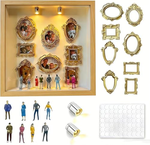DIY Mini Gold Frames Silhouette Box, Upgrade Shadow Box , 10x10 Inch, with 8 Vintage Gold Mini Frames and 8 Handcrafted Figurines, for Anniversary, Wedding, Birthday and Home Decor (Wood Colour) - color: Wood Colour