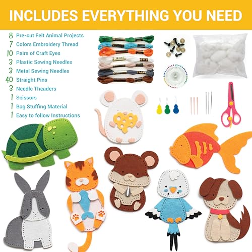 Craftorama Sewing Kit for Kids, Fun and Educational Pets Craft Set for Boys and Girls Age 7-12, Sew Your Own Felt Animals Craft Kit for Beginners, 165 Piece Set - color: Pets