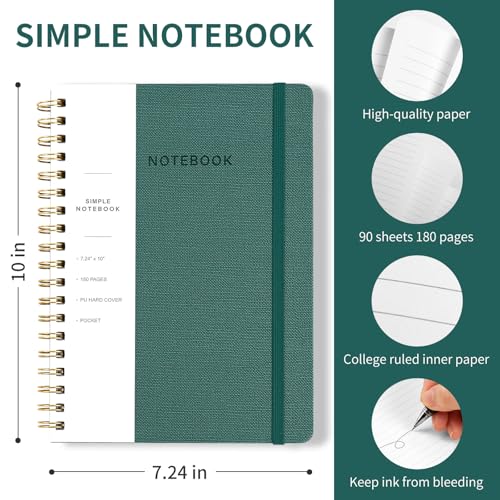 Spiral Notebook - 7.24" x 10" College Ruled Journal with Inner Pockets and 180 Pages, PU Leather Cover Business Journal, Twin-Wire Binding Notebook Perfect for Office & Home School Supplies Green - color: 004-Green-1pack, size: B5-180 pages
