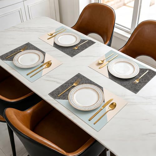 New Microfi Indoor/Outdoor Washable Faux Leather Vinyl Patchwork Placemats, Set of 4 (Blue) - color: Blue