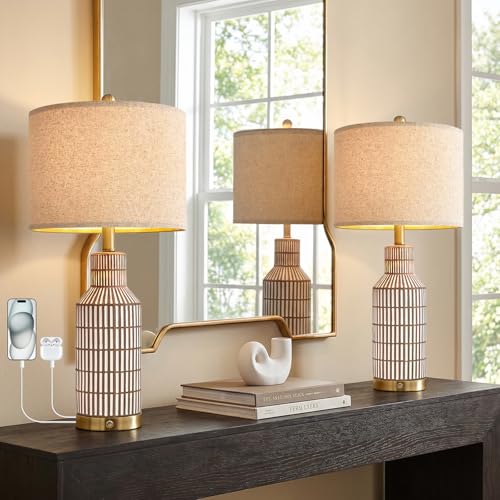 USumkky 25" Modern 3-Way Dimmable Touch Control with USB A+C Ceramic Lamps Set of 2 Table Lamp for Living Room Bedroom Farmhouse Nightstand Bedside Brown - color: Brown