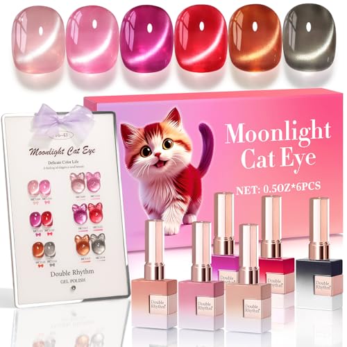 Double Rhythm Cat Eye Gel Nail Polish Set of 6 Same Color Same Bottle 0.5 Oz Shimmer Glitter with Magnet Holographic Reflective Magnetic UV Nail Polish Kit at Home (Glass Brown Red Nude-T6-43) - color: Glass Brown Red Nude
