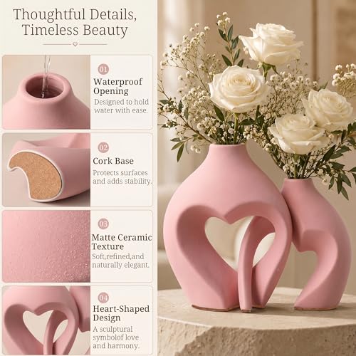 Ceramic Flower Vases Table Decor Heart Shaped Vase Set of 2 Pink - color: Pink